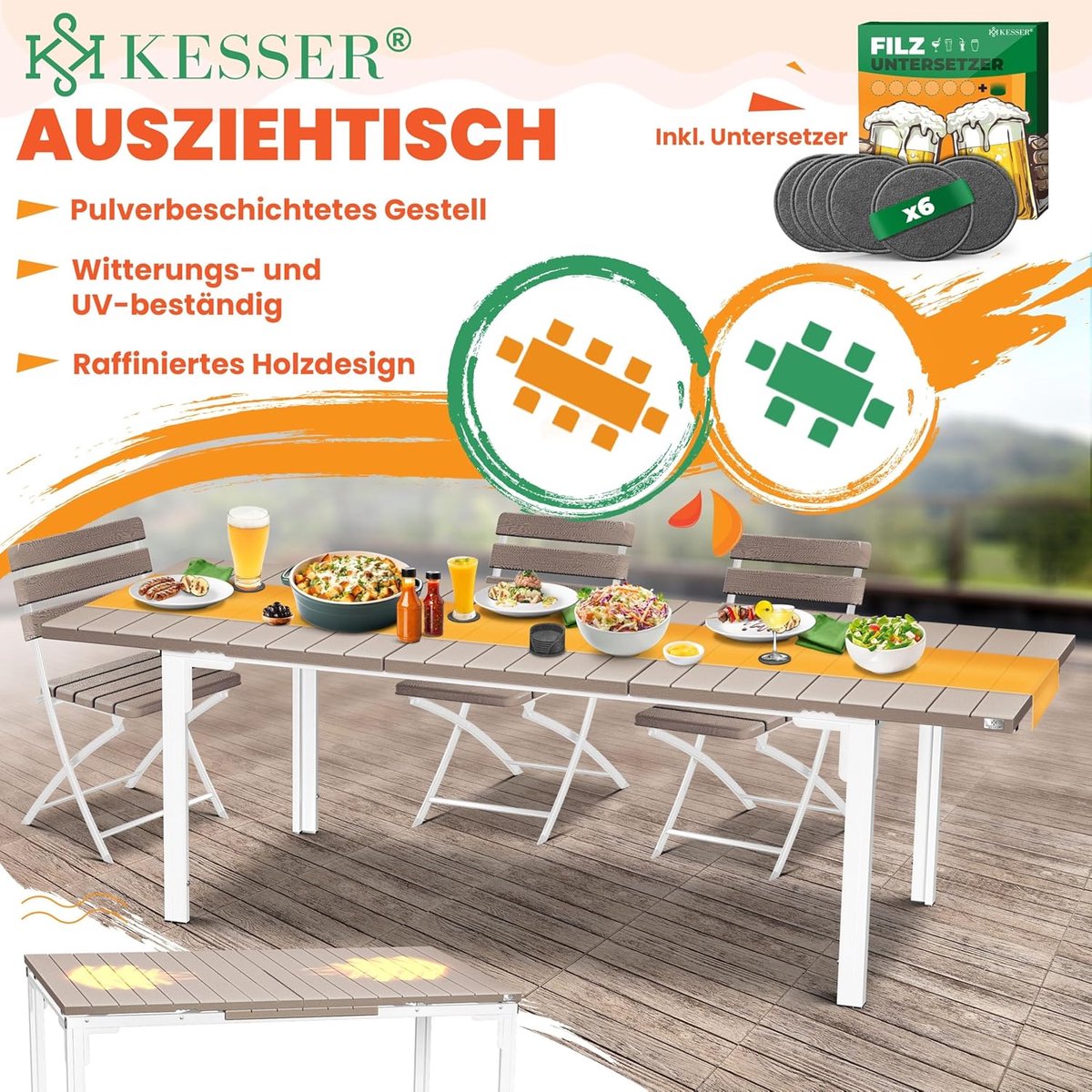 Uitschuifbare 180-240 cm Tuin- en Eettafel | Ronde en Rechthoekige Outdoor Tafel voor 6-8 Personen | Weerbestendig en UV-bestendig HDPE Tafelblad met Gepoedercoat Stalen Frame + 6 Vilten Onderzetters | Meda Home Store