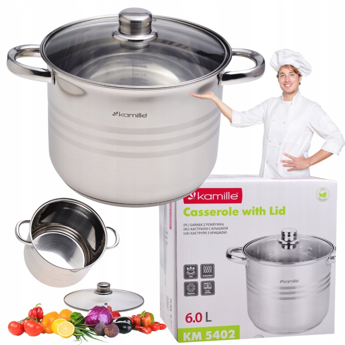 Kamille Hoge Pan 6L RVS met Deksel - Geschikt voor Inductie