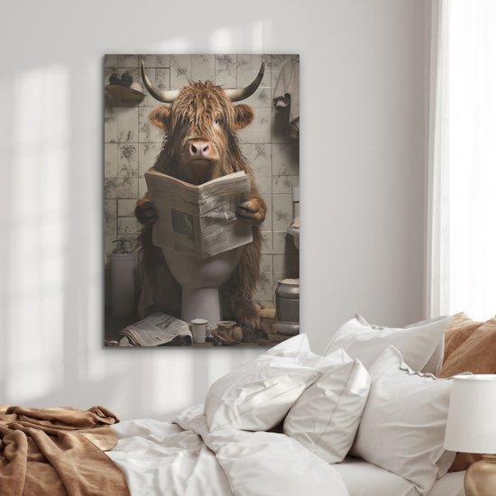 Akoestisch wandpaneel 70x100 cm - Vilt schilderij Schotse hooglander - Toilet - Krant - Badkamer - Akoestische panelen - Geluidsdempende wanddecoratie - Geluidsisolatie woonkamer - Muurdecoratie geluidspanelen