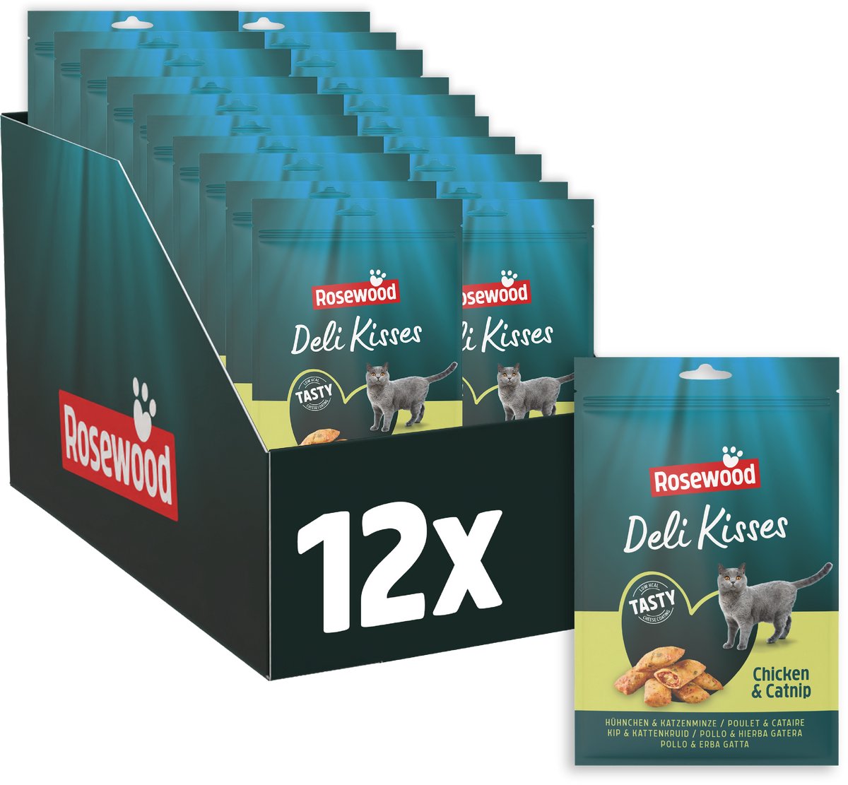 Rosewood Deli Kisses Kip & Kaas - Kattensnack met Kip, Kaas en Catnip - Zonder Toegevoegd Zout of Suiker - 12 zakjes à 60g