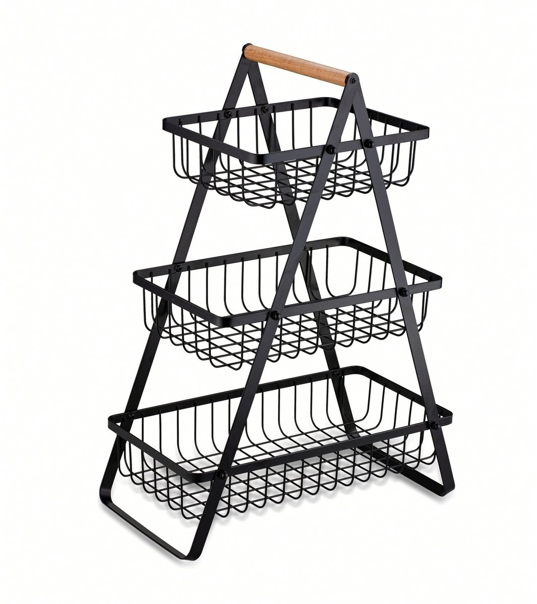 3-Laags Metalen Fruitmand met Houten Handvat - Zwart