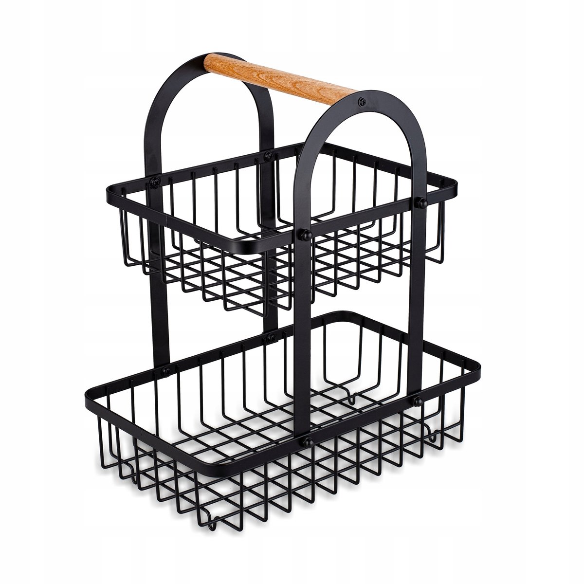 2-Laags Fruitmand Metalal Zwart met Houten Handvat - Stijlvolle Organizer