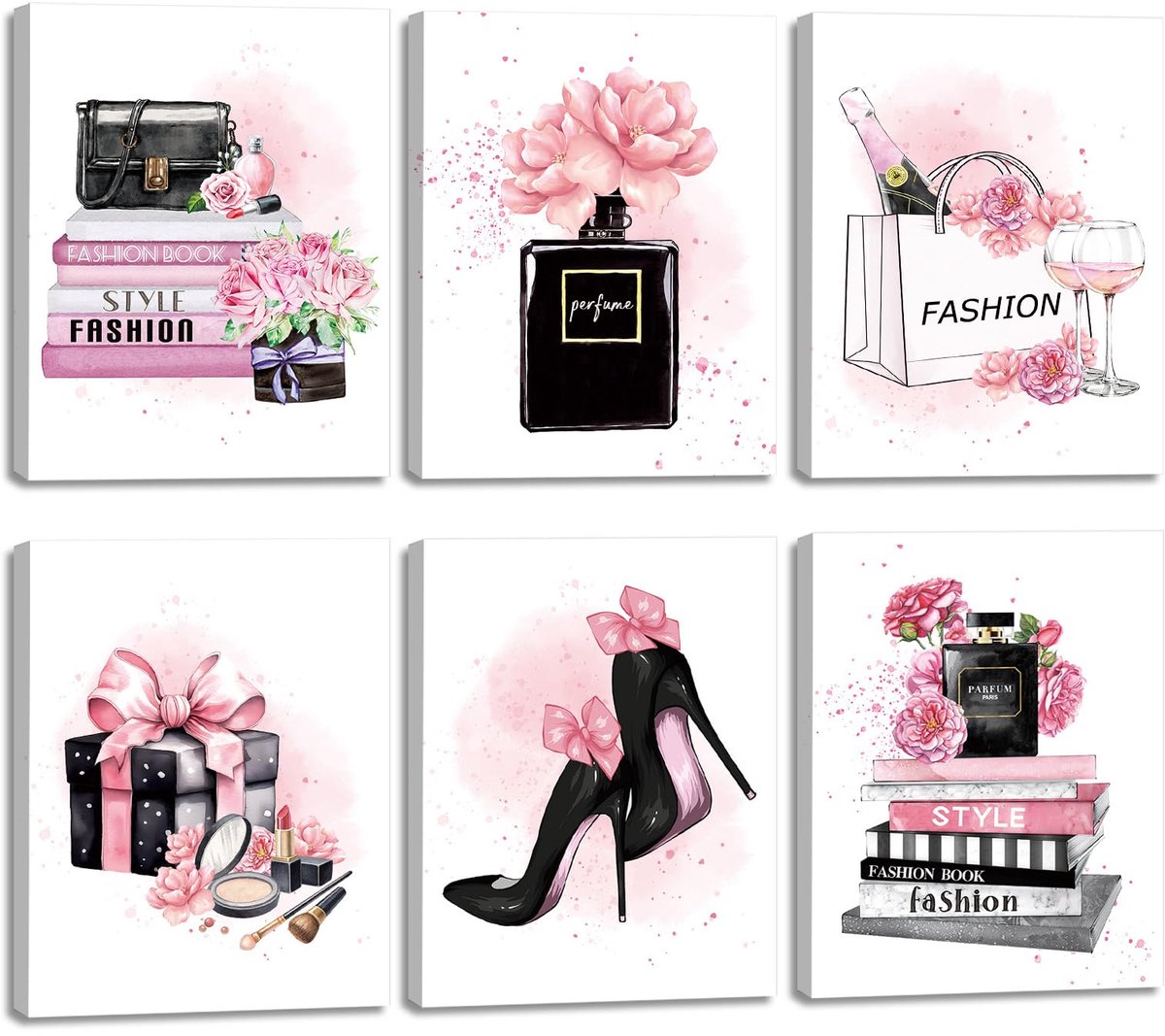 Unyqoos Set van 6 roze canvas posters voor stijlvolle en modieuze interieurdecoratie