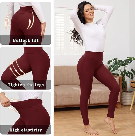 Fleece Gevoerde Leggings Vrouwen Thermische Bont Gevoerde Leggings Winter Hoge Taille Warme Sherpa Leggings Dames Workout Yoga Broek, maat M , rood