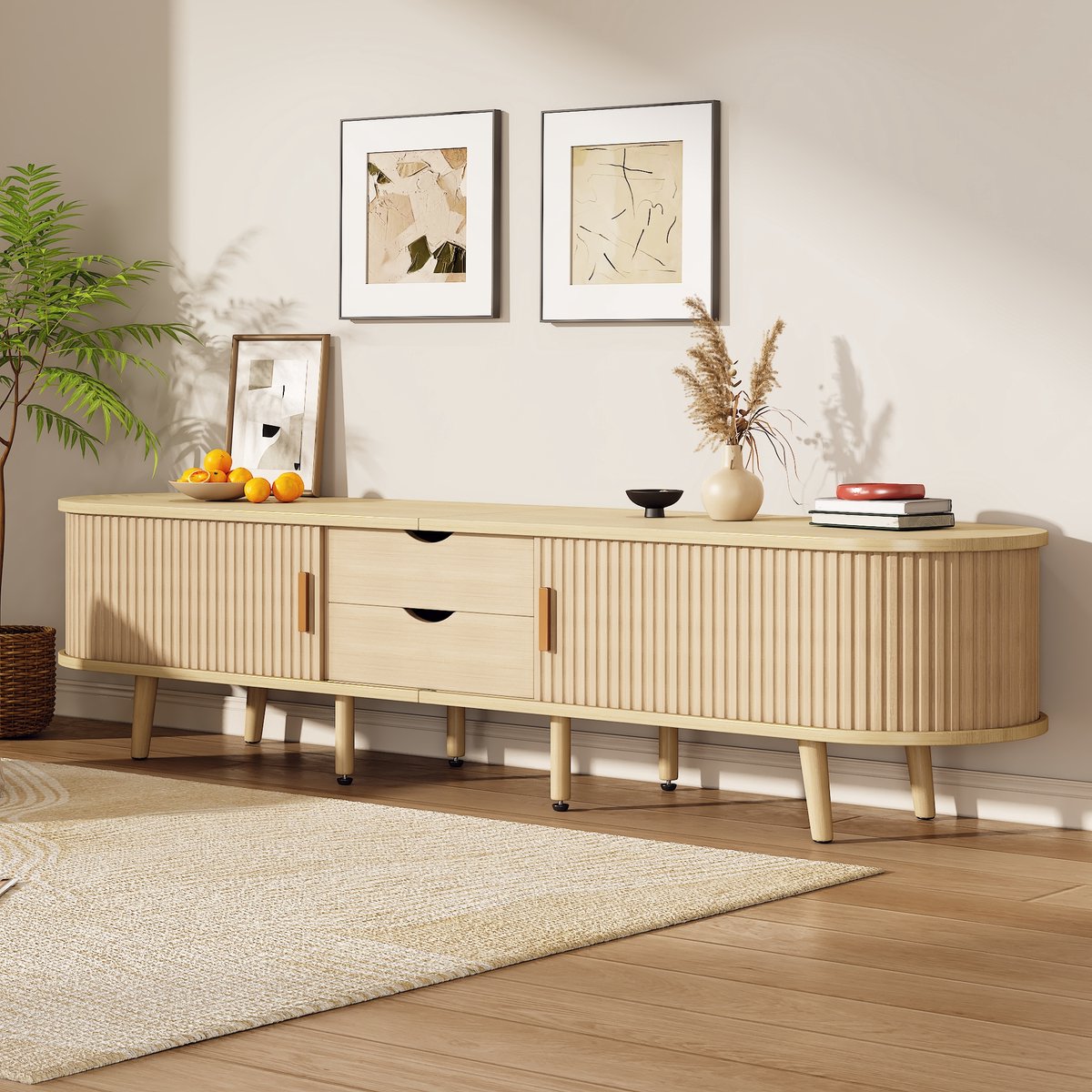 HAUSS SPOLE TV meubel - TV-kast met ovalen blad, 2 schuifdeuren en 2 lades - Voor woonkamer en eetkamer - 175x40x42 cm - MDF - Eiken