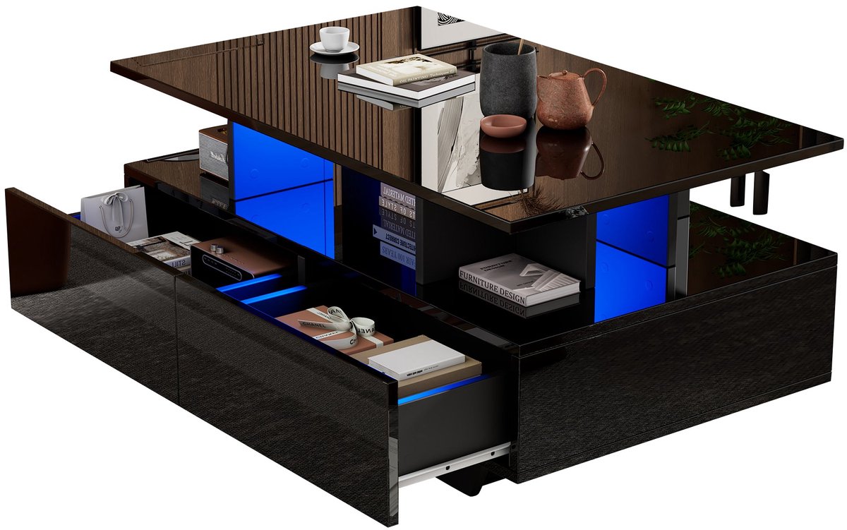 Merax Hoogglans Salontafel met LED-Verlichting en 2 Lades – Moderne Zwarte Tafel 90x55x41 cm met Opbergruimte – Draagkracht 30 kg