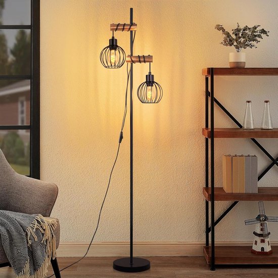 Glitzerlife Vloerlamp - Zwart Hout & Metaal - Vintage Industrieel Design Staande Lamp - 2-lichts E27 Fitting met Schakelaar - 152cm Hoog voor Woonkamer Slaapkamer (Zonder Lichtbron)