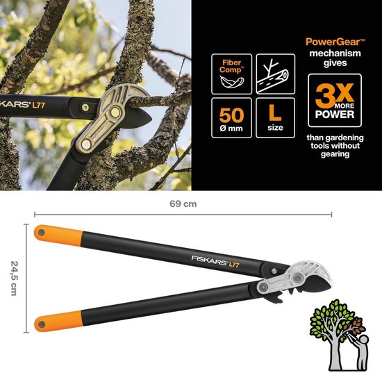 Fiskars L77 takkenschaar van 69 cm met PowerGear mechanisme, knipt tot 50mm dikke takken.