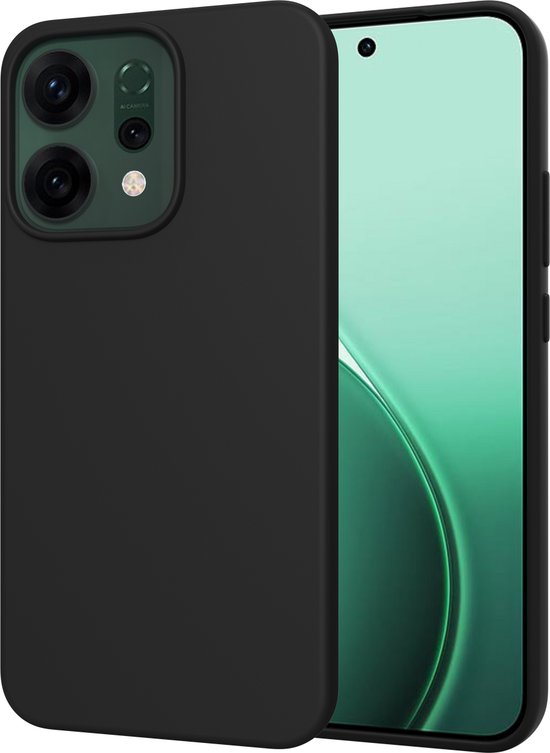Coque noire OPPO Reno14 sur un téléphone avec un fond d'écran vert. Découpe de la caméra visible.