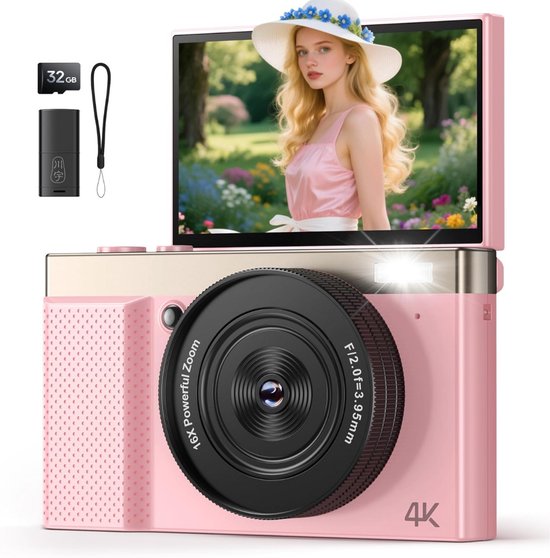 Digitale Camera, 2,7K 48MP Autofocus Vlogcamera voor Fotografie YouTube, Compacte Vintage Reiscamera met Flits, 16x Digitale Zoom, Anti-shake, 2,8 Inch (Roze