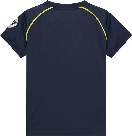Achterkant donkerblauw Real Madrid shirt met gele accenten bij de nek en schouders.