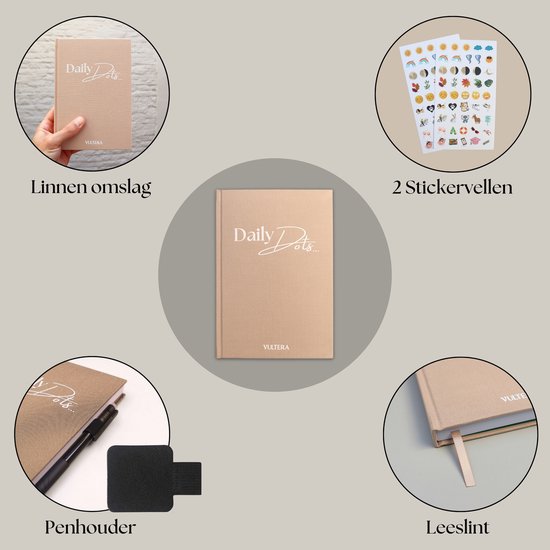 Collage van beige "Daily Dots..." notitieboek: in hand, met penhouder, met leeslint, met stickervellen.