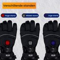 Zwarte R2B handschoenen met drie instelbare warmtestanden: hoog (rood), middel (wit) en laag (blauw).