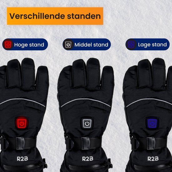 Zwarte R2B handschoenen met drie instelbare warmtestanden: hoog (rood), middel (wit) en laag (blauw).