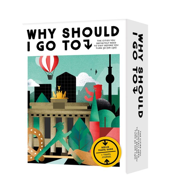 Boek 'Why Should I Go To Berlin' met een illustratie van de skyline van Berlijn, inclusief de Brandenburger Tor, TV-toren en een reuzenpretzel.