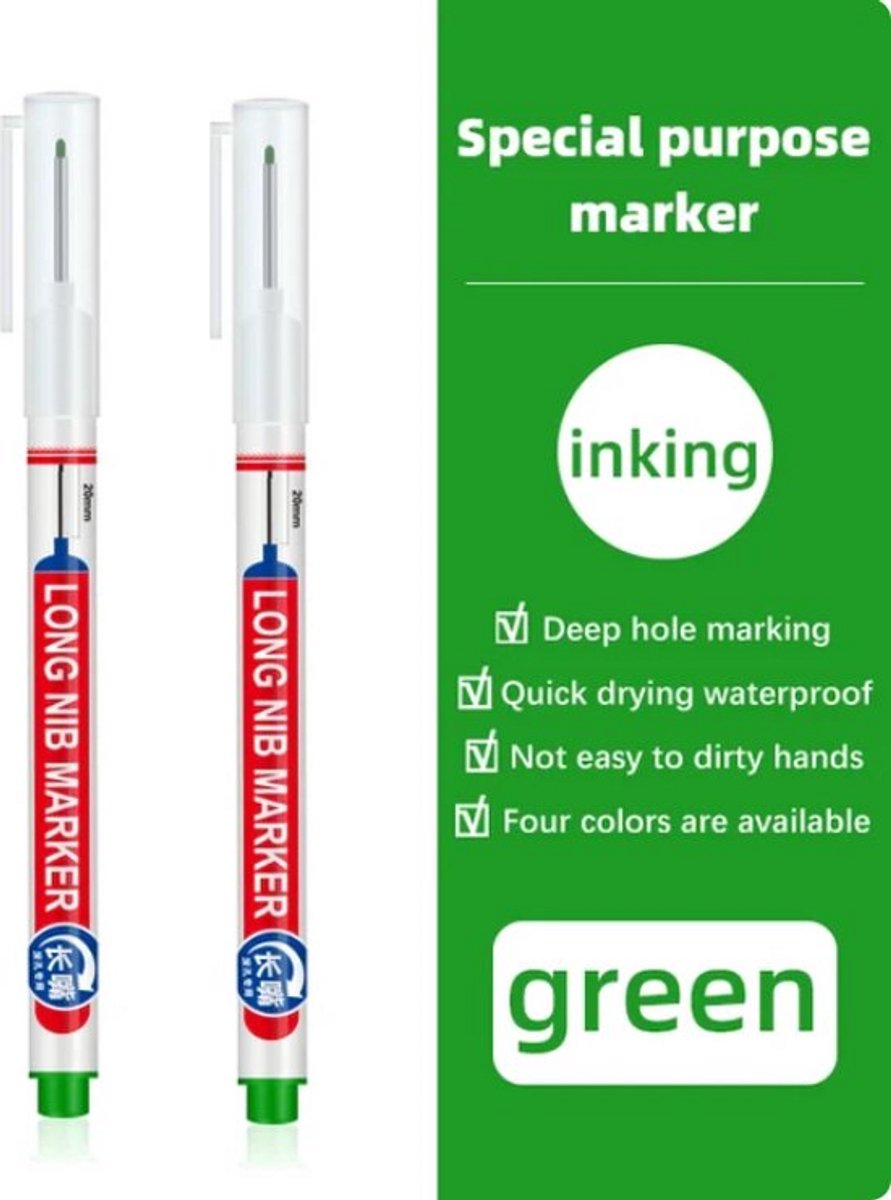 TLVX 2 stuks Verlengde Permanent Marker Groen – Markeerstift - Markeer Timmerman potlood inkt – Bouw Markering stift – Timmermanspen - 20mm Long Tip Marker – Diep gat marker – Teken Hout, Metaal, Glas, Spiegel, Tegels, Beton – Groene inkt