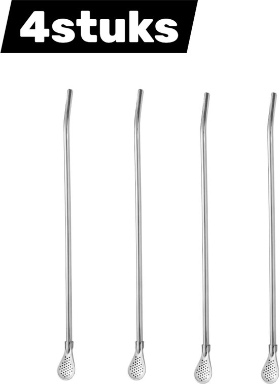Rietjes met lepels, roestvrij staal, 6 stuks, met lepel, herbruikbare lepel voor smoothies