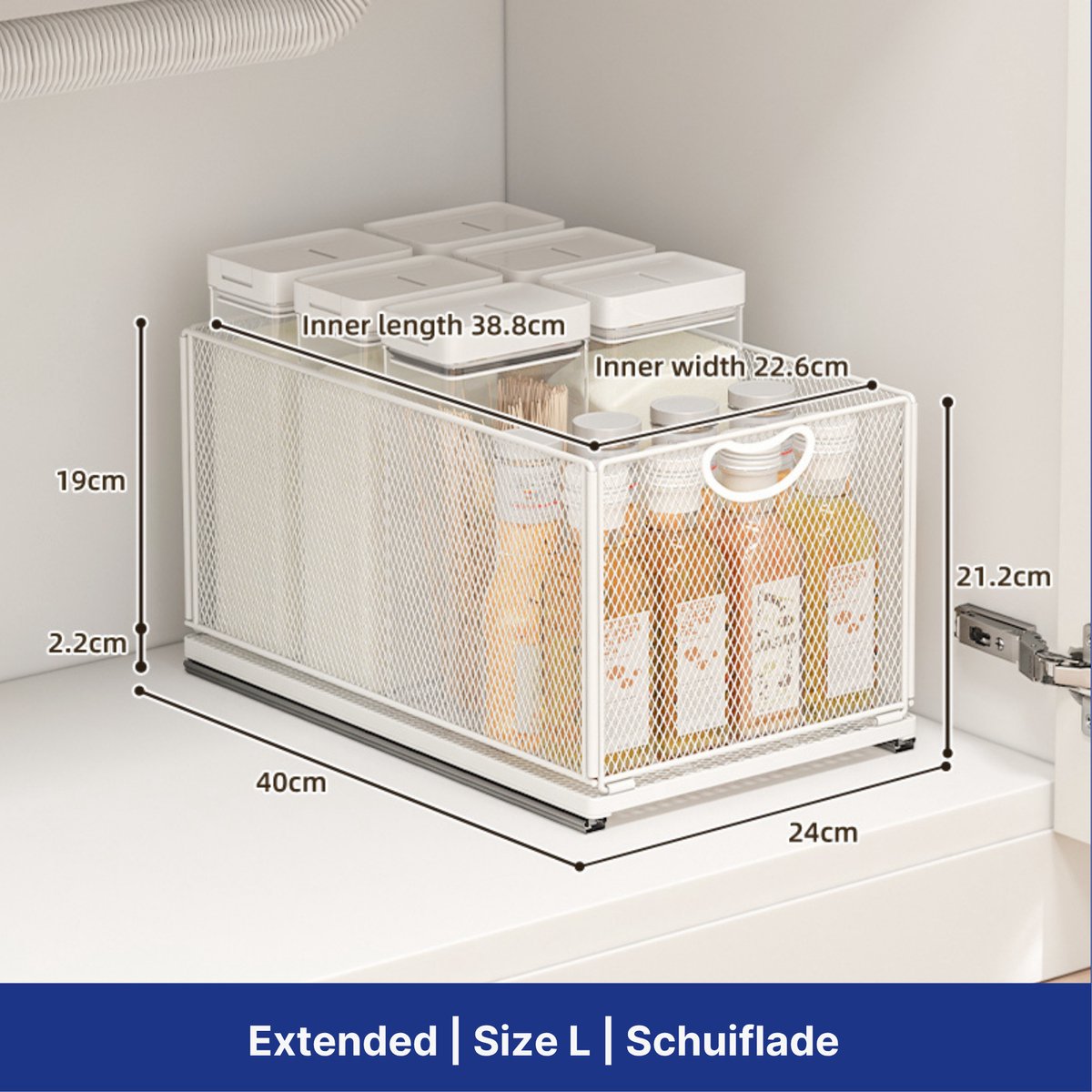 DKE® Keukenlade schuiflade organizer, gootsteenkast en keukenkast organizer, telescopisch keukenrek, maat L 40x24x21,2 cm, wit — cadeau in Cadeau-ideeën - foto 5