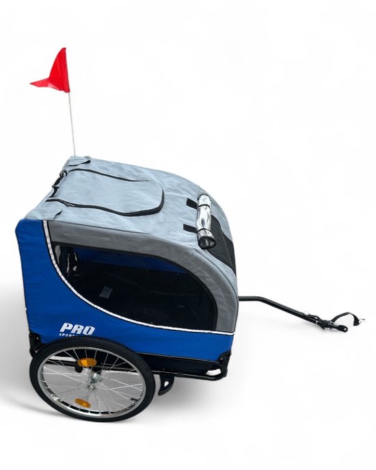 Blauwe fietskar met grijze kap, mesh vensters, een rood vlaggetje en 'PRO SPORT LIGHTS' logo.