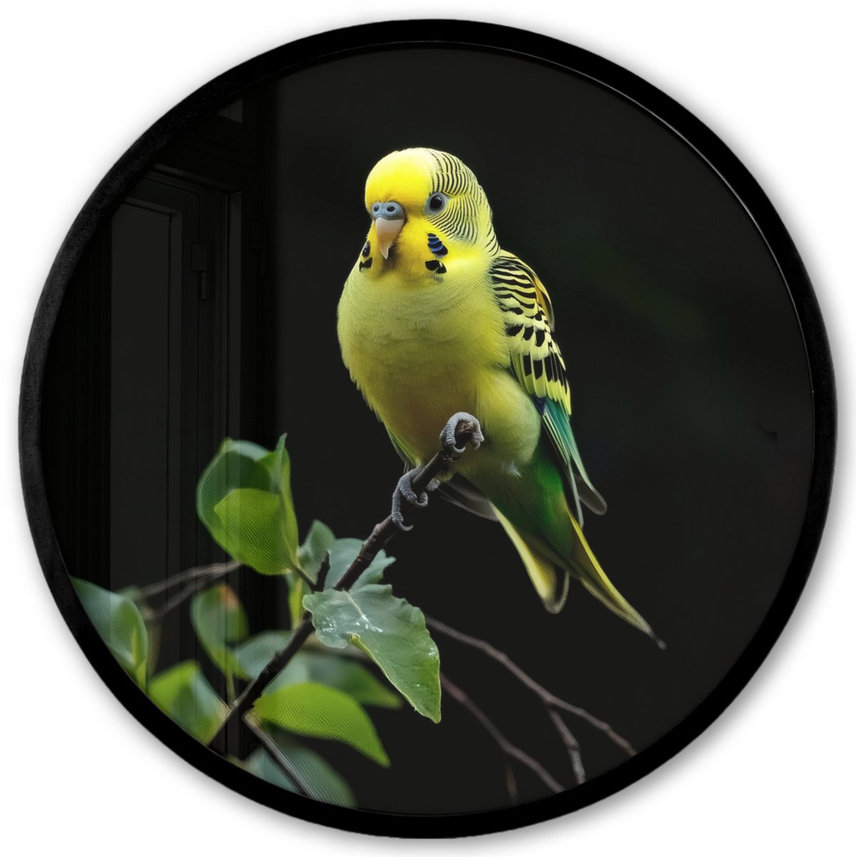 FrameYourWall Poster in lijst Rond - Fotolijst 40x40 cm - Posters - Parkiet - Tak - Bladeren - Geel - Ronde posterlijst zwart - Decoratie - Wanddecoratie woonkamer - Muurdecoratie slaapkamer