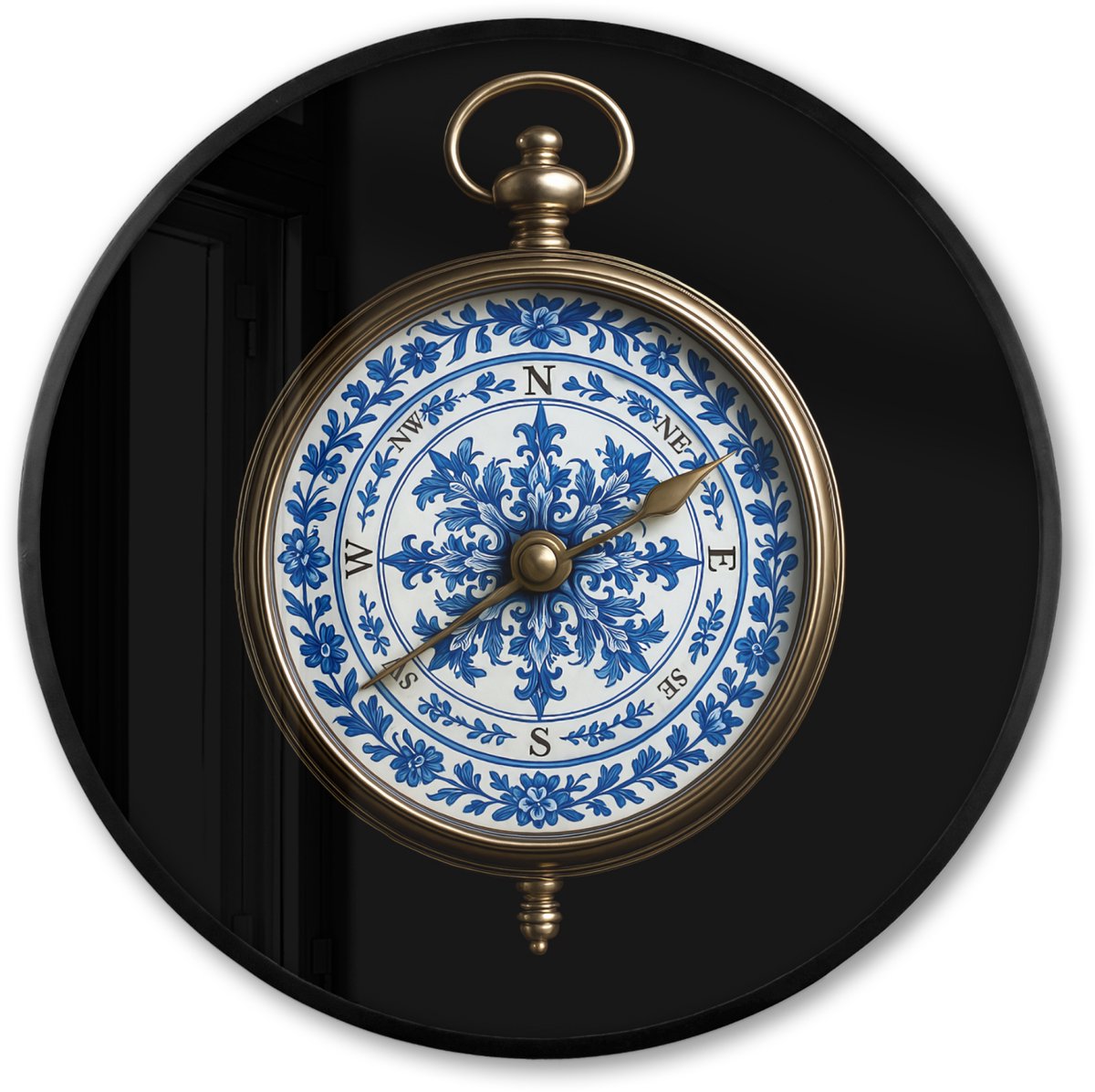 FrameYourWall Poster in lijst Rond - Fotolijst 80x80 cm - Posters - Kompas - Delfts blauw - Zwart - Ronde posterlijst zwart - Decoratie - Wanddecoratie woonkamer - Muurdecoratie slaapkamer