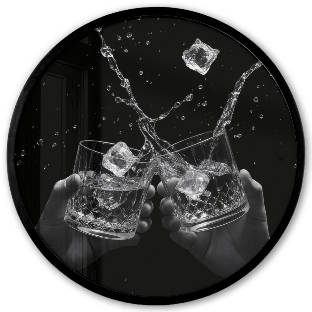 FrameYourWall Poster in lijst Rond - Fotolijst 40x40 cm - Posters - Whiskyglazen - Ijs - Spetters - Zwart - Ronde posterlijst zwart - Decoratie - Wanddecoratie woonkamer - Muurdecoratie slaapkamer Glazen - Spetters