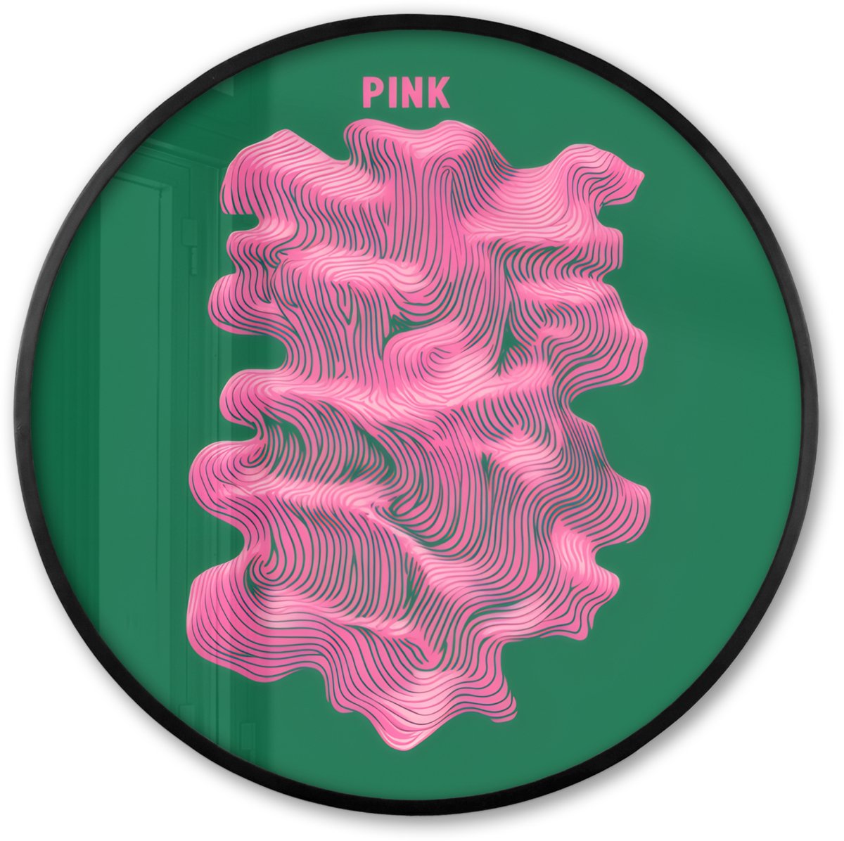 FrameYourWall Poster in lijst Rond - Fotolijst 60x60 cm - Posters - Abstract - Pink - Lijnen - Groen - Ronde posterlijst zwart - Decoratie - Wanddecoratie woonkamer - Muurdecoratie slaapkamer