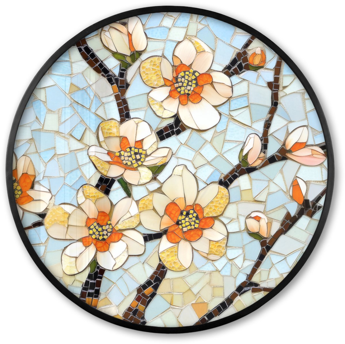 FrameYourWall Poster in lijst Rond - Fotolijst 80x80 cm - Posters - Bloesems - Wit - Mozaïek - Tak - Ronde posterlijst zwart - Decoratie - Wanddecoratie woonkamer - Muurdecoratie slaapkamer