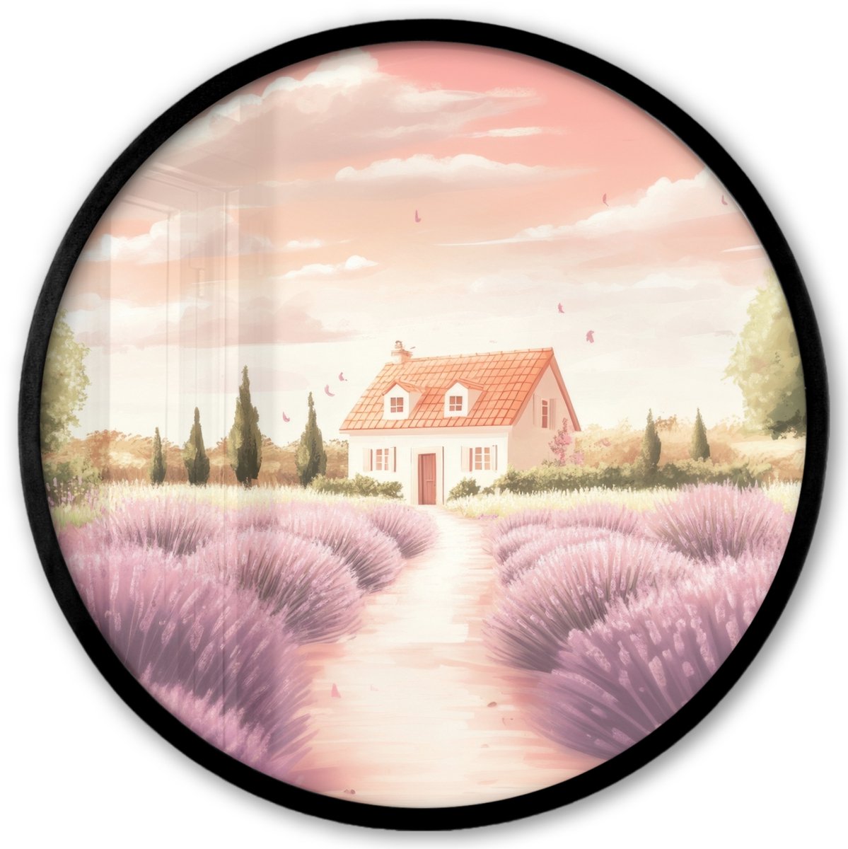 FrameYourWall Poster in lijst Rond - Fotolijst 40x40 cm - Posters - Lavendelveld - Huis - Paars - Ronde posterlijst zwart - Decoratie - Wanddecoratie woonkamer - Muurdecoratie slaapkamer Huisjes - Lavendel