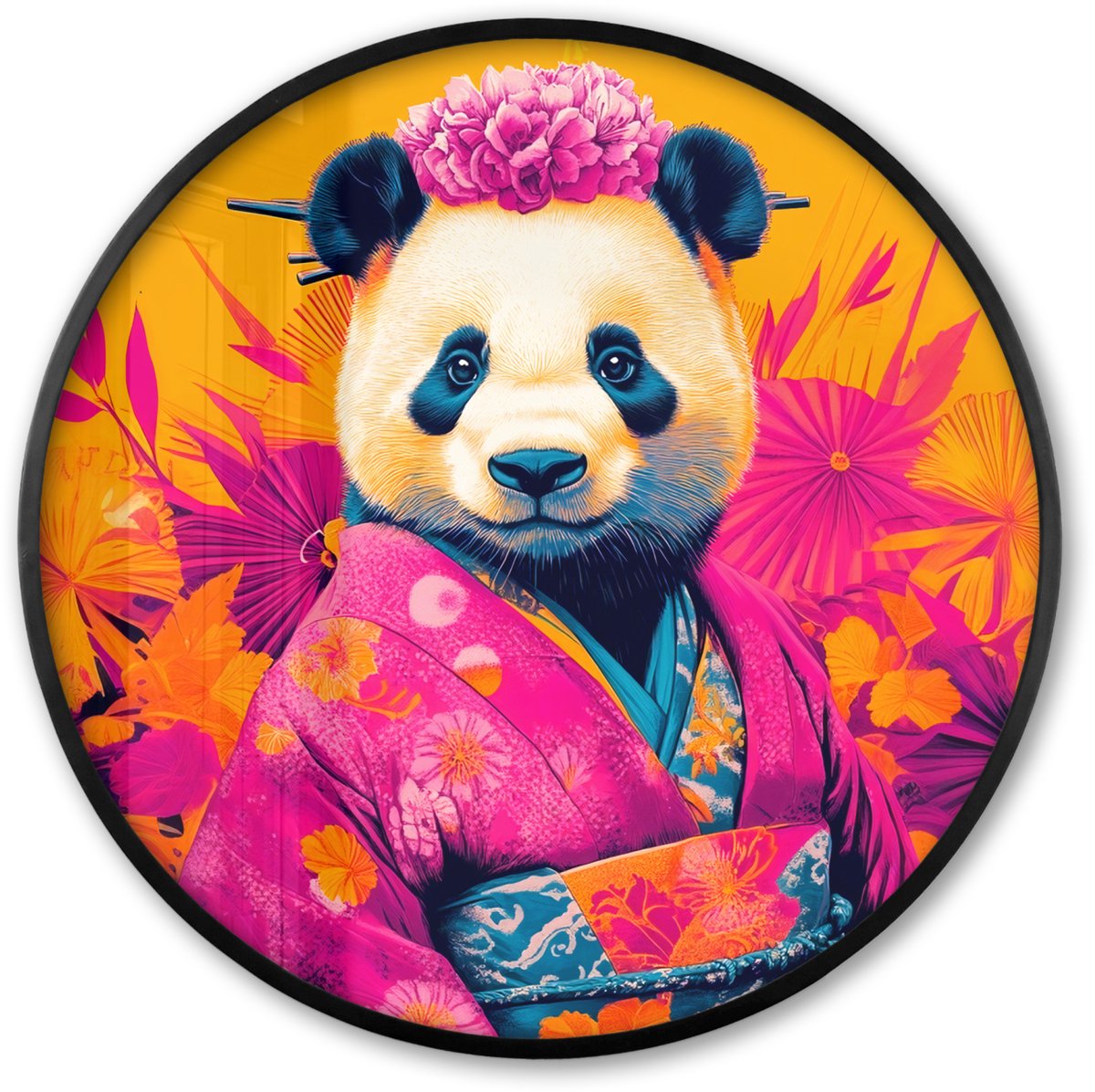 FrameYourWall Poster in lijst Rond - Fotolijst 60x60 cm - Posters - Kimono - Roze - Panda - Bloemenkroon - Ronde posterlijst zwart - Decoratie - Wanddecoratie woonkamer - Muurdecoratie slaapkamer
