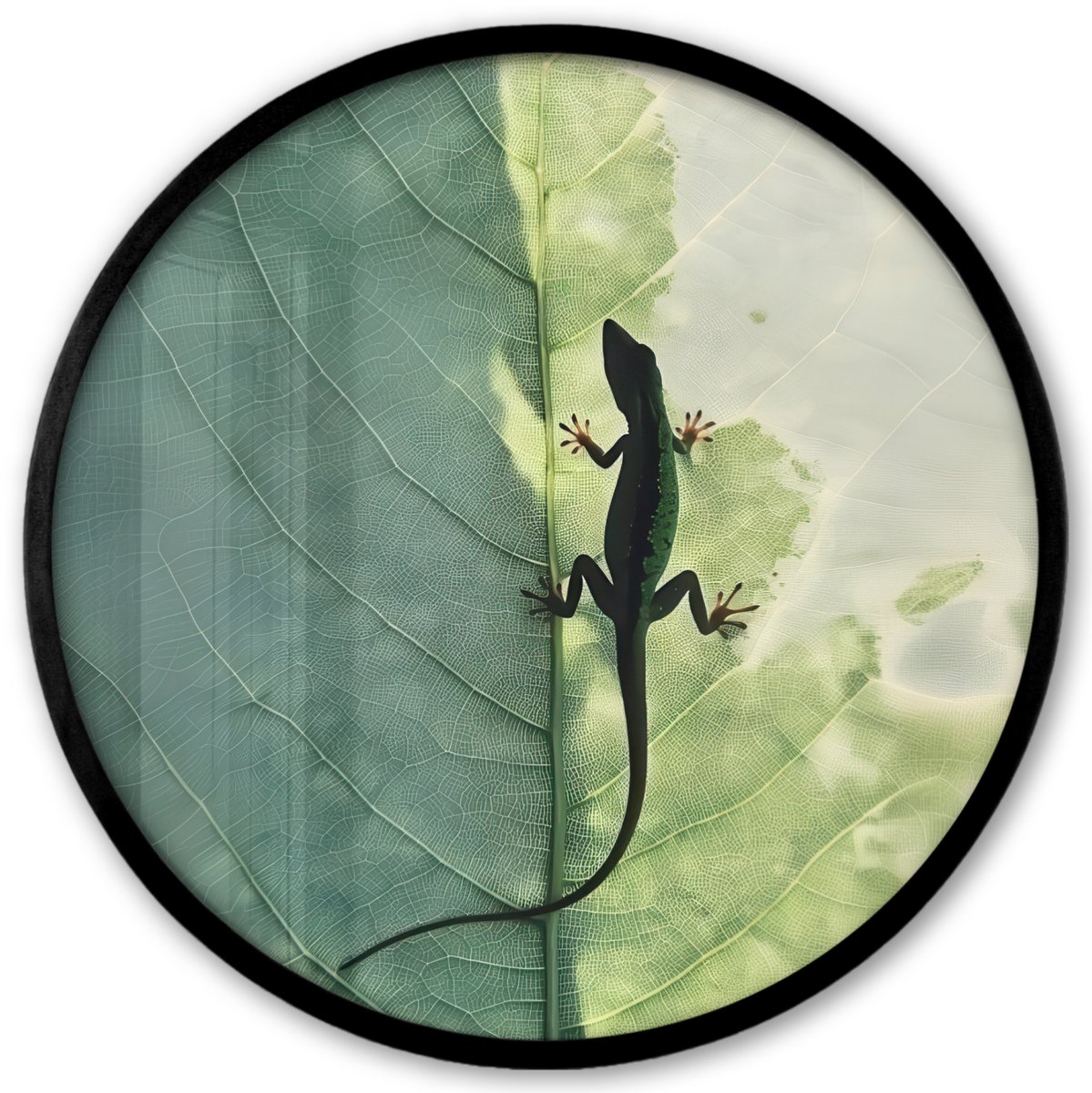 FrameYourWall Poster in lijst Rond - Fotolijst 40x40 cm - Posters - Hagedis - Blad - Nerven - Groen - Ronde posterlijst zwart - Decoratie - Wanddecoratie woonkamer - Muurdecoratie slaapkamer