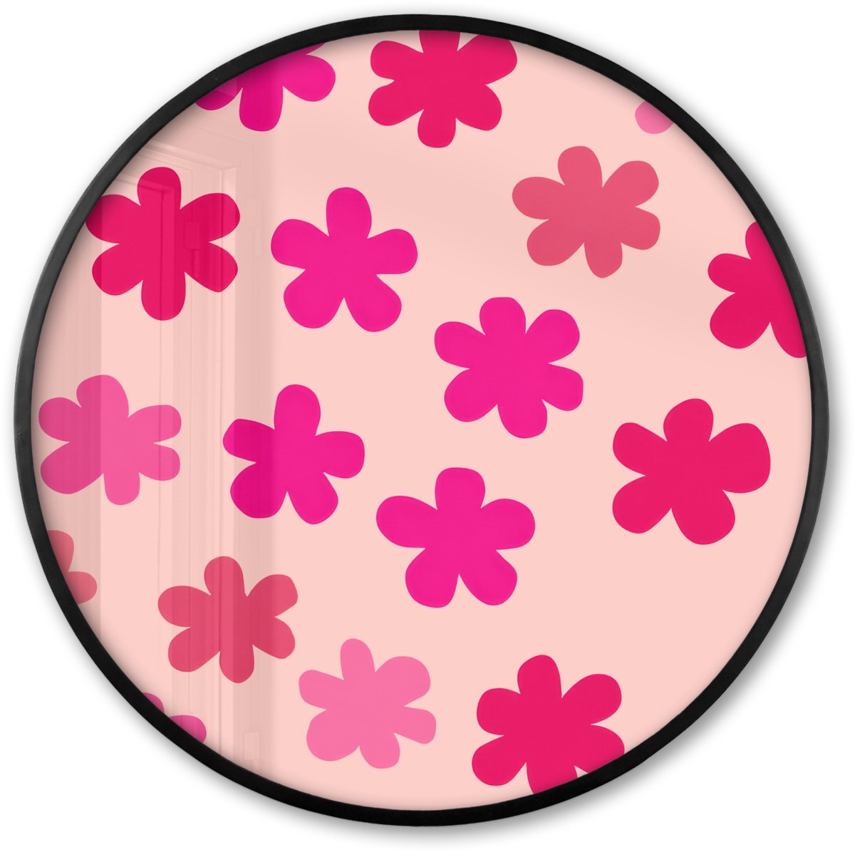 FrameYourWall Poster in lijst Rond - Fotolijst 60x60 cm - Posters - Bloemen - Patroon - Roze - Ronde posterlijst zwart - Decoratie - Wanddecoratie woonkamer - Muurdecoratie slaapkamer