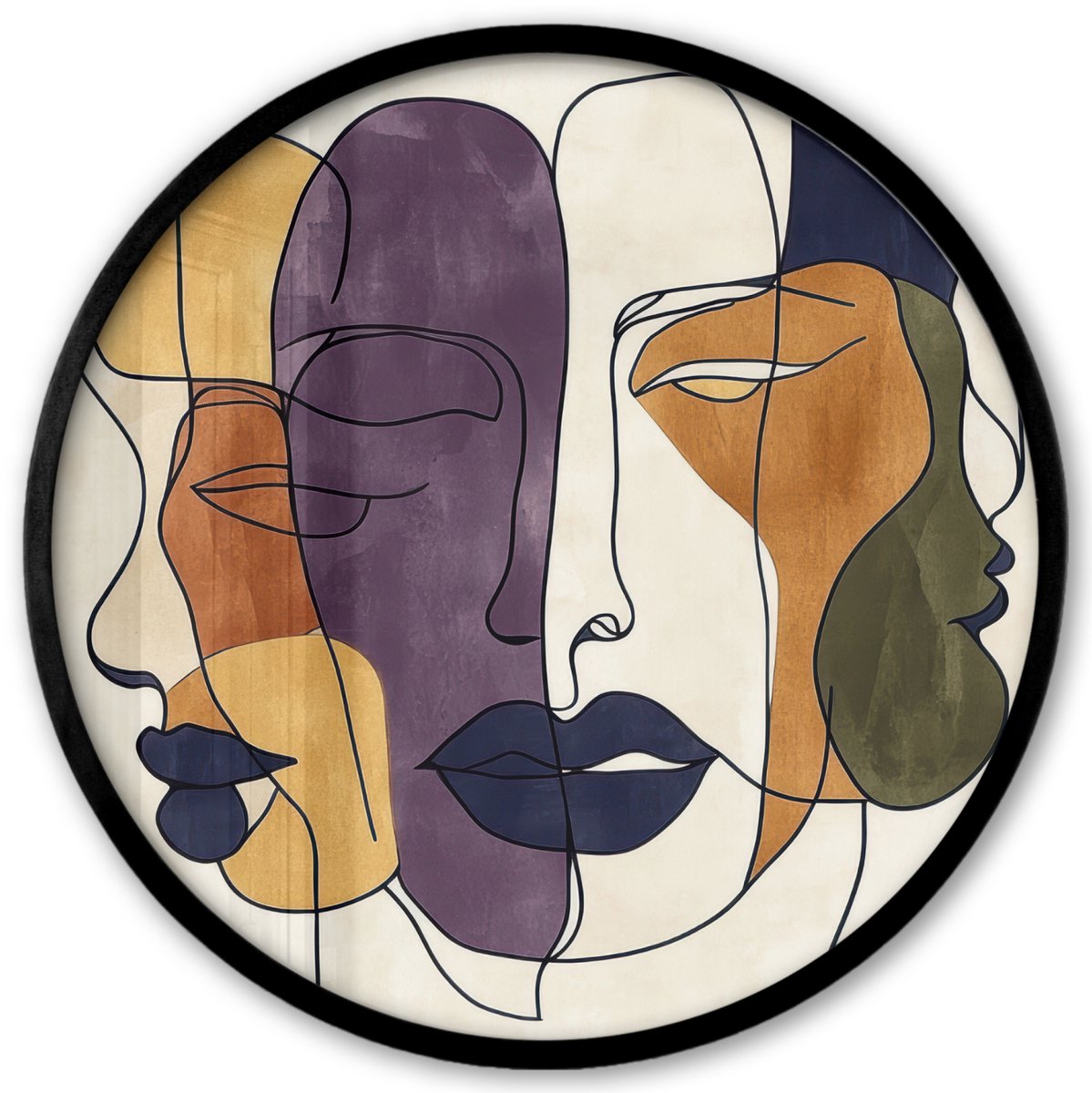 FrameYourWall Poster in lijst Rond - Fotolijst 40x40 cm - Posters - Abstract - Overlappende gezichten - Paars - Donkergroen - Ronde posterlijst zwart - Decoratie - Wanddecoratie woonkamer - Muurdecoratie slaapkamer Abstract - Gezichten