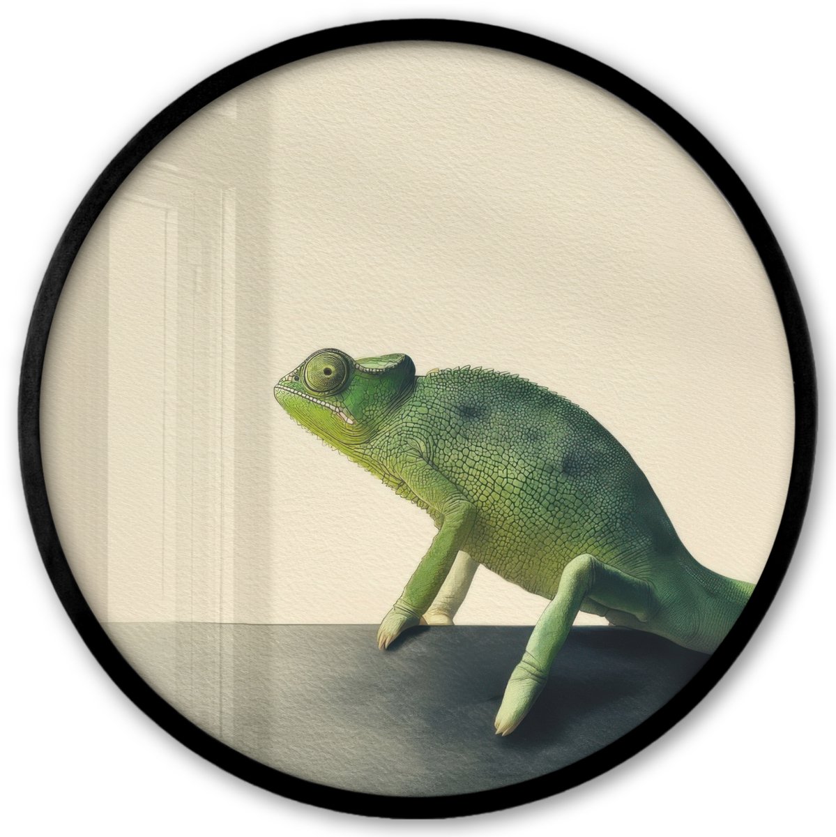 FrameYourWall Poster in lijst Rond - Fotolijst 40x40 cm - Posters - Kameleon - Groen - Minimalistisch - Ronde posterlijst zwart - Decoratie - Wanddecoratie woonkamer - Muurdecoratie slaapkamer