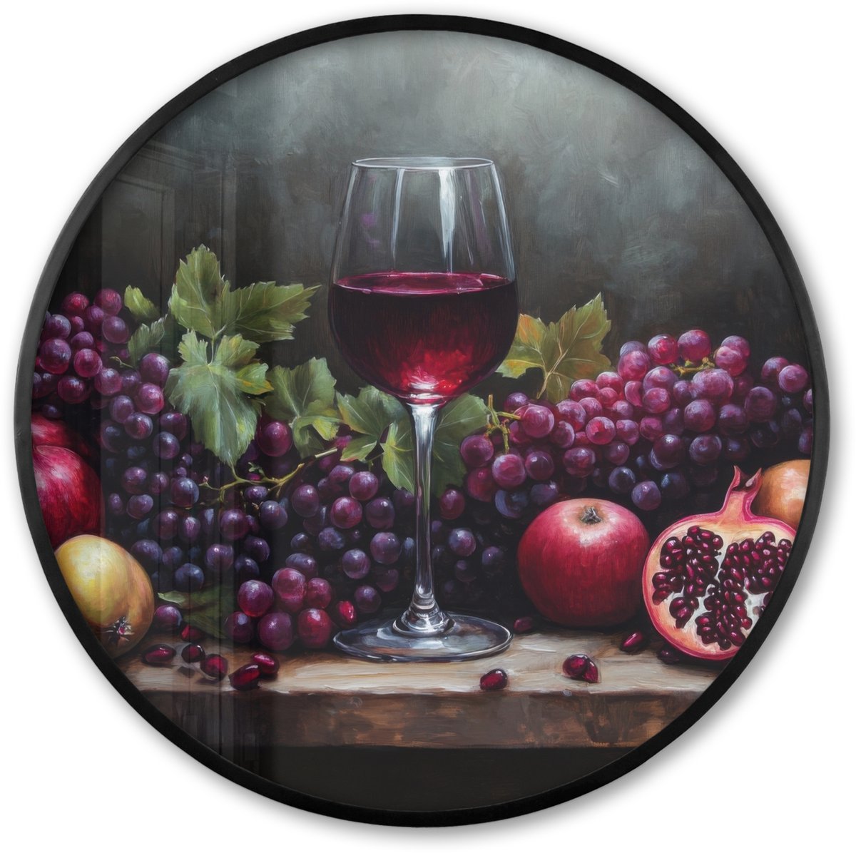 FrameYourWall Poster in lijst Rond - Fotolijst 60x60 cm - Posters - Wijn - Fruit - Stilleven - Ronde posterlijst zwart - Decoratie - Wanddecoratie woonkamer - Muurdecoratie slaapkamer