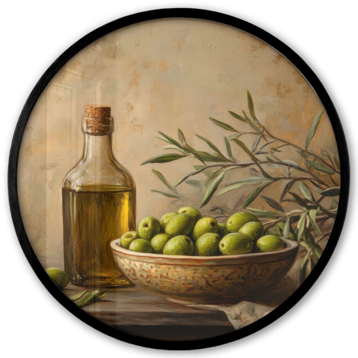 FrameYourWall Poster in lijst Rond - Fotolijst 40x40 cm - Posters - Olijven - Stilleven - Vintage - Ronde posterlijst zwart - Decoratie - Wanddecoratie woonkamer - Muurdecoratie slaapkamer
