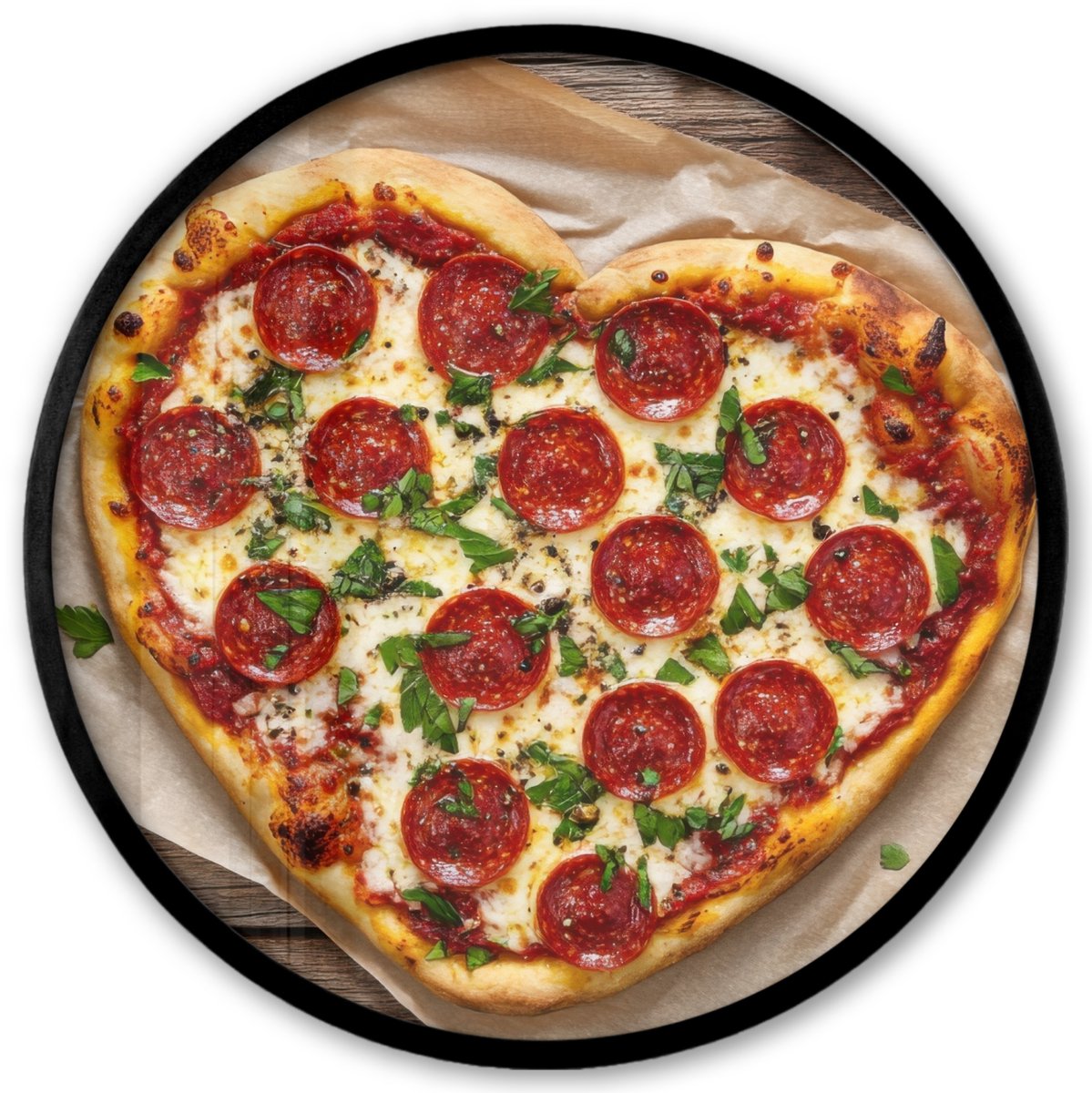 FrameYourWall Poster in lijst Rond - Fotolijst 40x40 cm - Posters - Pizza - Hart - Pepperoni - Tomaat - Ronde posterlijst zwart - Decoratie - Wanddecoratie woonkamer - Muurdecoratie slaapkamer