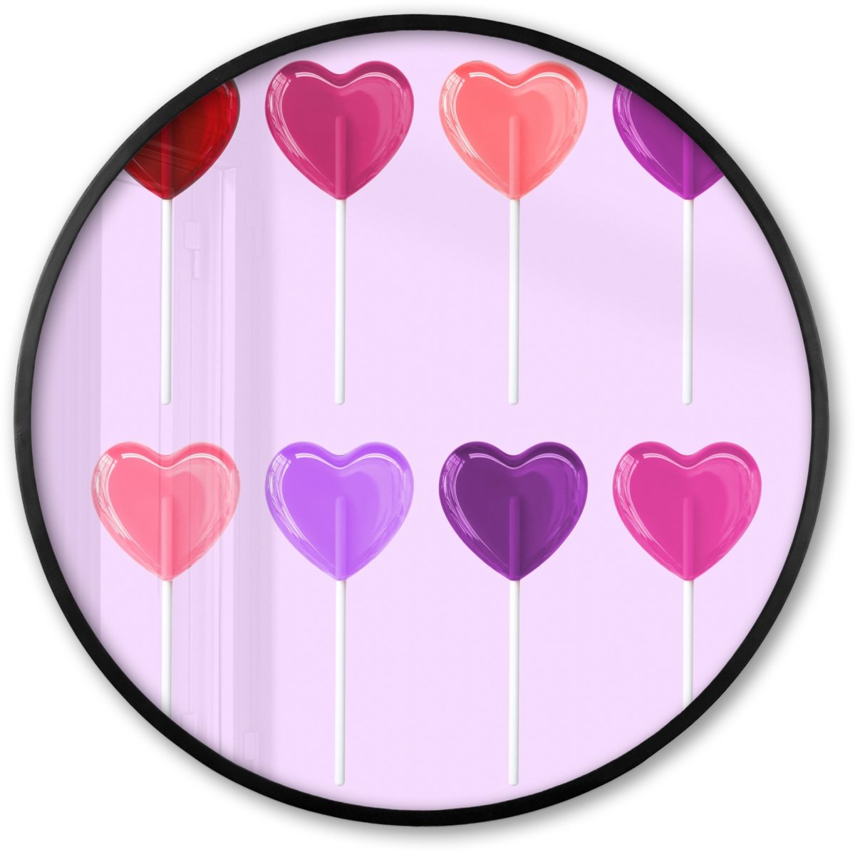 FrameYourWall Poster in lijst Rond - Fotolijst 80x80 cm - Posters - Lolly - Hart - Roze - Snoep - Ronde posterlijst zwart - Decoratie - Wanddecoratie woonkamer - Muurdecoratie slaapkamer