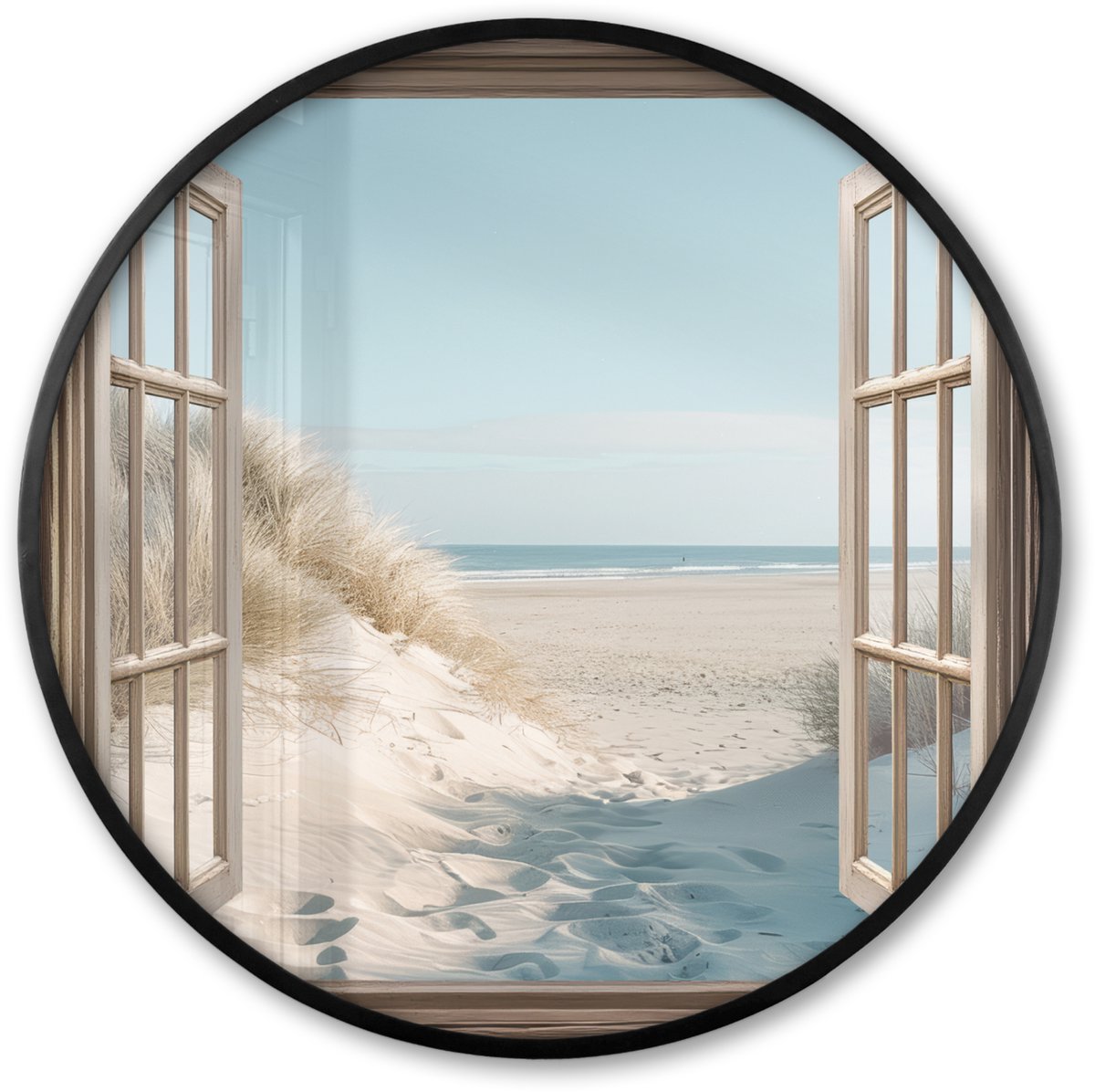 FrameYourWall Poster in lijst Rond - Fotolijst 60x60 cm - Posters - Doorkijk - Helmgras - Duinen - Zee - Landschap - Ronde posterlijst zwart - Decoratie - Wanddecoratie woonkamer - Muurdecoratie slaapkamer Strand - Duin
