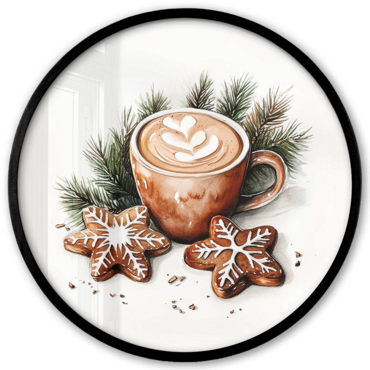 FrameYourWall Poster in lijst Rond - Fotolijst 40x40 cm - Posters - Koffie - Koek - Winter - Art - Kerst - Ronde posterlijst zwart - Decoratie - Wanddecoratie woonkamer - Muurdecoratie slaapkamer - Kerstversiering - Kerstdecoratie voor binnen - Kerstmis Kerst - Koffie