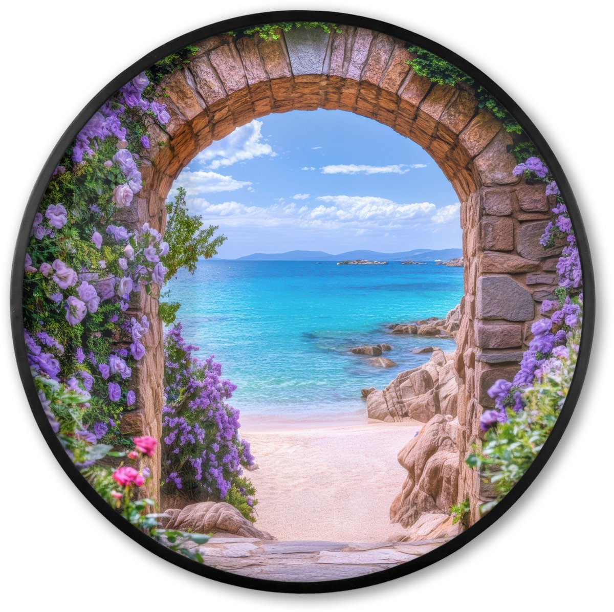 FrameYourWall Poster in lijst Rond - Fotolijst 60x60 cm - Posters - Doorkijk - Poort - Zee - Strand - Rotsen - Ronde posterlijst zwart - Decoratie - Wanddecoratie woonkamer - Muurdecoratie slaapkamer