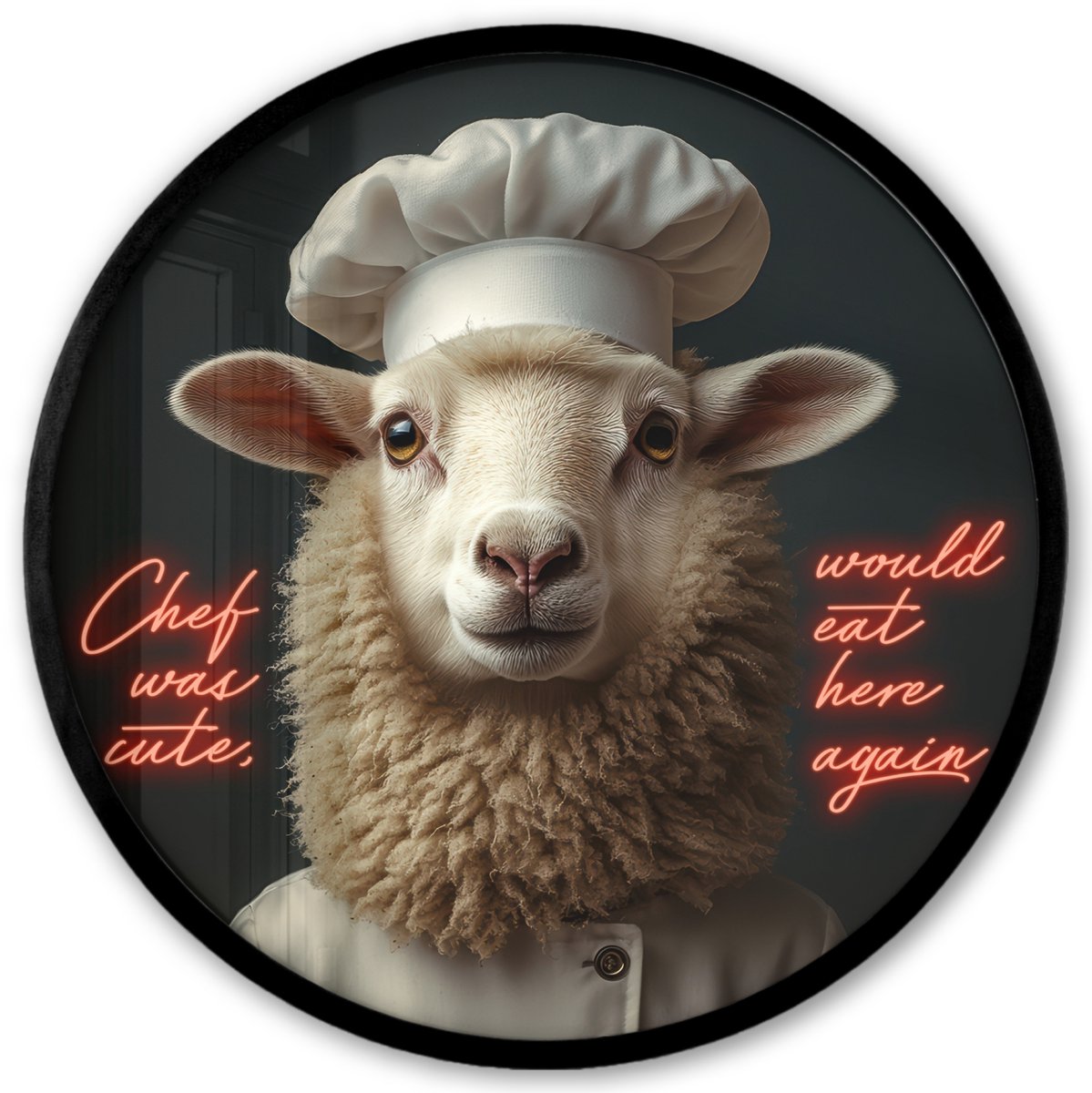 FrameYourWall Poster in lijst Rond - Fotolijst 40x40 cm - Posters - Schaap - Kokskleding - Neon - Quote - Ronde posterlijst zwart - Decoratie - Wanddecoratie woonkamer - Muurdecoratie slaapkamer Multicolor