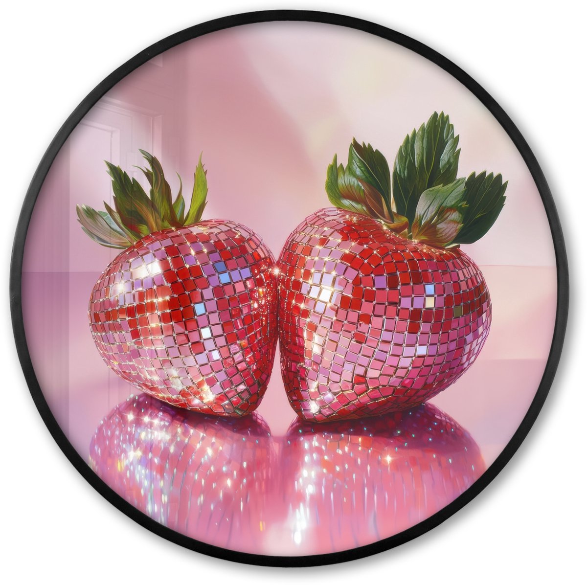 FrameYourWall Poster in lijst Rond - Fotolijst 60x60 cm - Posters - Disco - Fruit - Glitter - Strawberry - Ronde posterlijst zwart - Decoratie - Wanddecoratie woonkamer - Muurdecoratie slaapkamer Disco - Aardbeien
