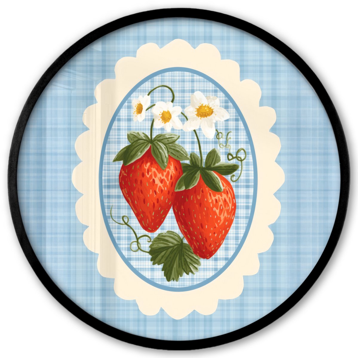 FrameYourWall Poster in lijst Rond - Fotolijst 40x40 cm - Posters - Aardbeien - Lijst - Rood - Geruit - Ronde posterlijst zwart - Decoratie - Wanddecoratie woonkamer - Muurdecoratie slaapkamer