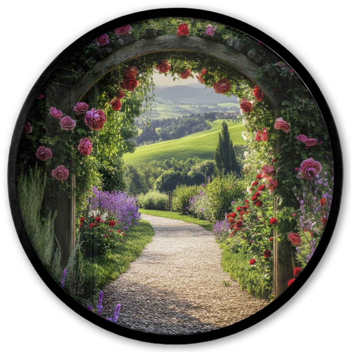 FrameYourWall Poster in lijst Rond - Fotolijst 40x40 cm - Posters - Doorkijk - Tuinboog - Bloemen - Natuur - Pad - Ronde posterlijst zwart - Decoratie - Wanddecoratie woonkamer - Muurdecoratie slaapkamer Tuinboog - Pad