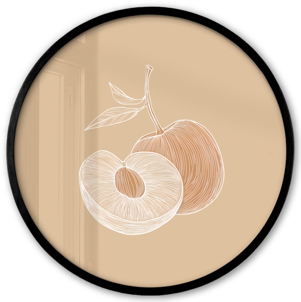 FrameYourWall Poster in lijst Rond - Fotolijst 40x40 cm - Posters - Perzik - Lijntekening - Pit - Beige - Ronde posterlijst zwart - Decoratie - Wanddecoratie woonkamer - Muurdecoratie slaapkamer