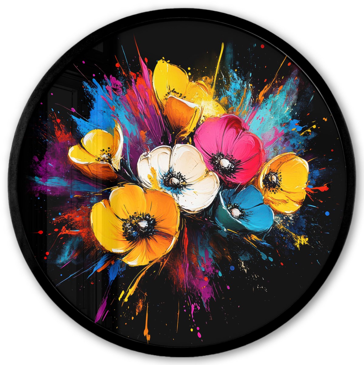 FrameYourWall Poster in lijst Rond - Fotolijst 40x40 cm - Posters - Bloemen - Kleurrijk - Graffiti - Modern - Boeket - Ronde posterlijst zwart - Decoratie - Wanddecoratie woonkamer - Muurdecoratie slaapkamer Graffiti - Bloemen