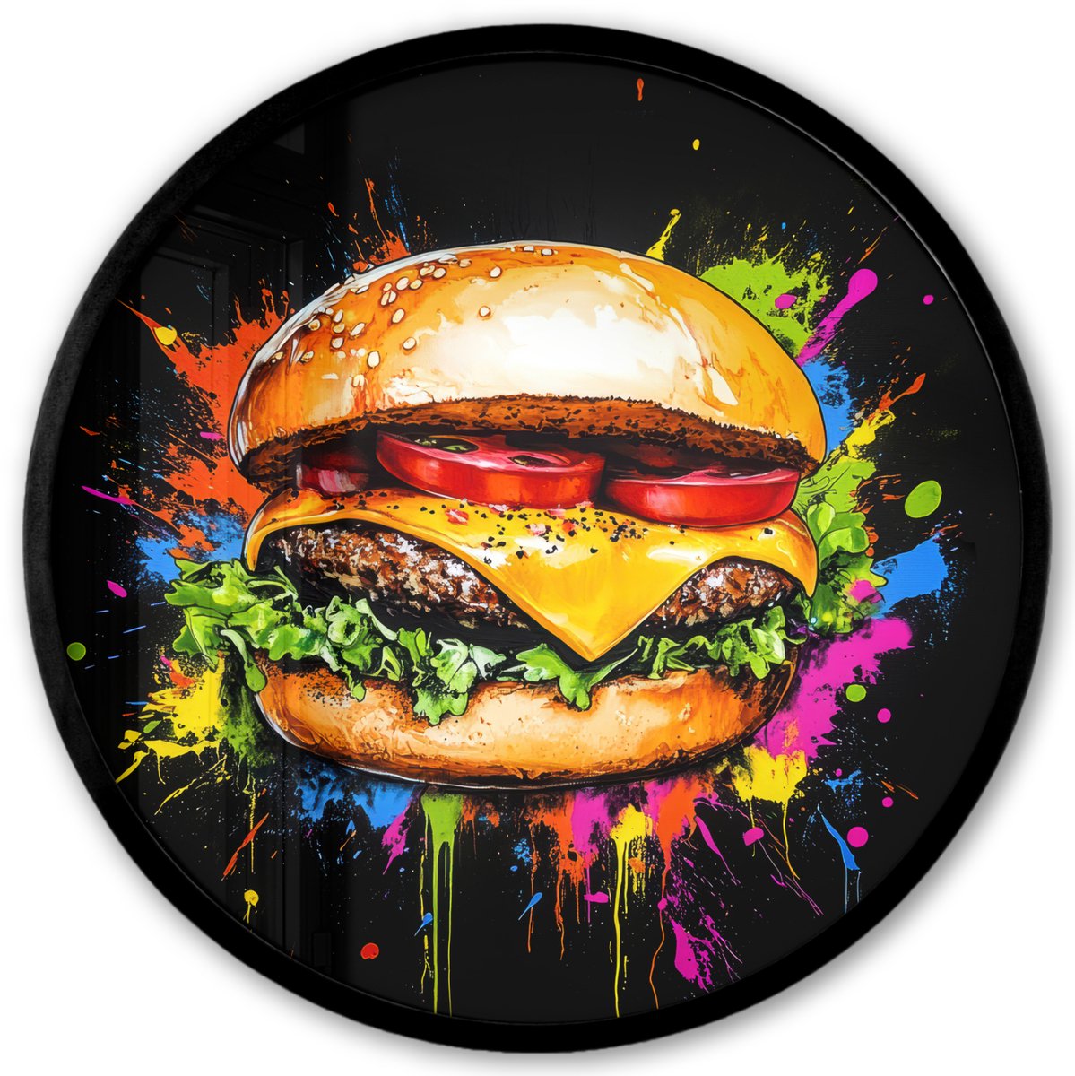 FrameYourWall Poster in lijst Rond - Fotolijst 40x40 cm - Posters - Hamburger - Graffiti - Verf - Kleurrijk - Eten - Abstract - Ronde posterlijst zwart - Decoratie - Wanddecoratie woonkamer - Muurdecoratie slaapkamer Graffiti - Hamburger
