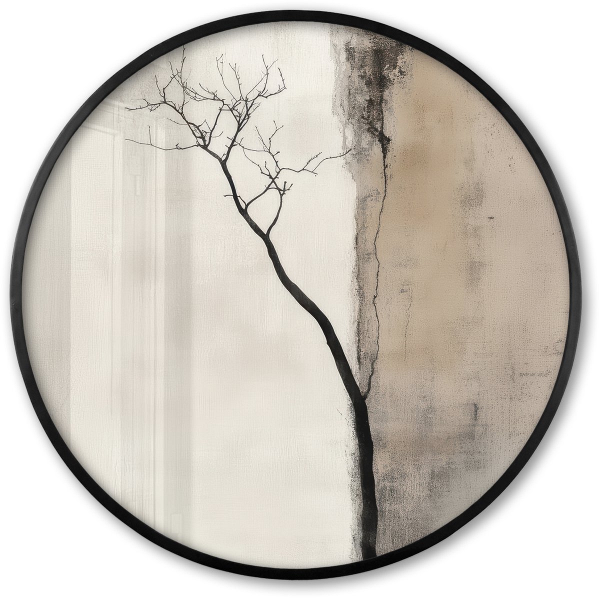 FrameYourWall Poster in lijst Rond - Fotolijst 80x80 cm - Posters - Wabi sabi - Plant - Beige - Ronde posterlijst zwart - Decoratie - Wanddecoratie woonkamer - Muurdecoratie slaapkamer Japandi - Plant