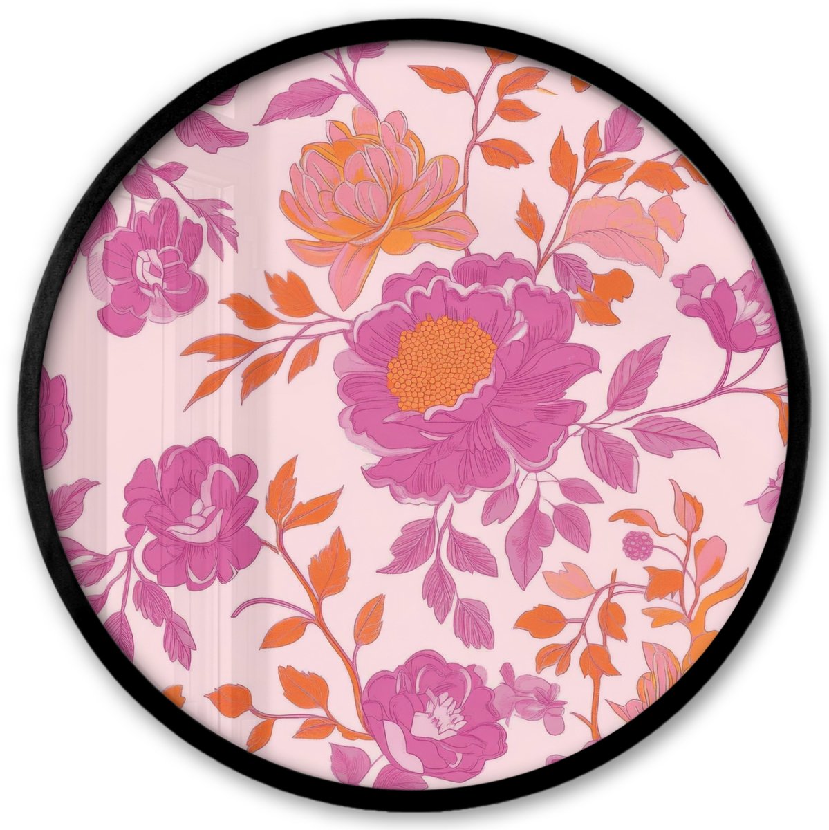 FrameYourWall Poster in lijst Rond - Fotolijst 40x40 cm - Posters - Bloemenpatroon - Roze - Oranje - Bloemen - Ronde posterlijst zwart - Decoratie - Wanddecoratie woonkamer - Muurdecoratie slaapkamer